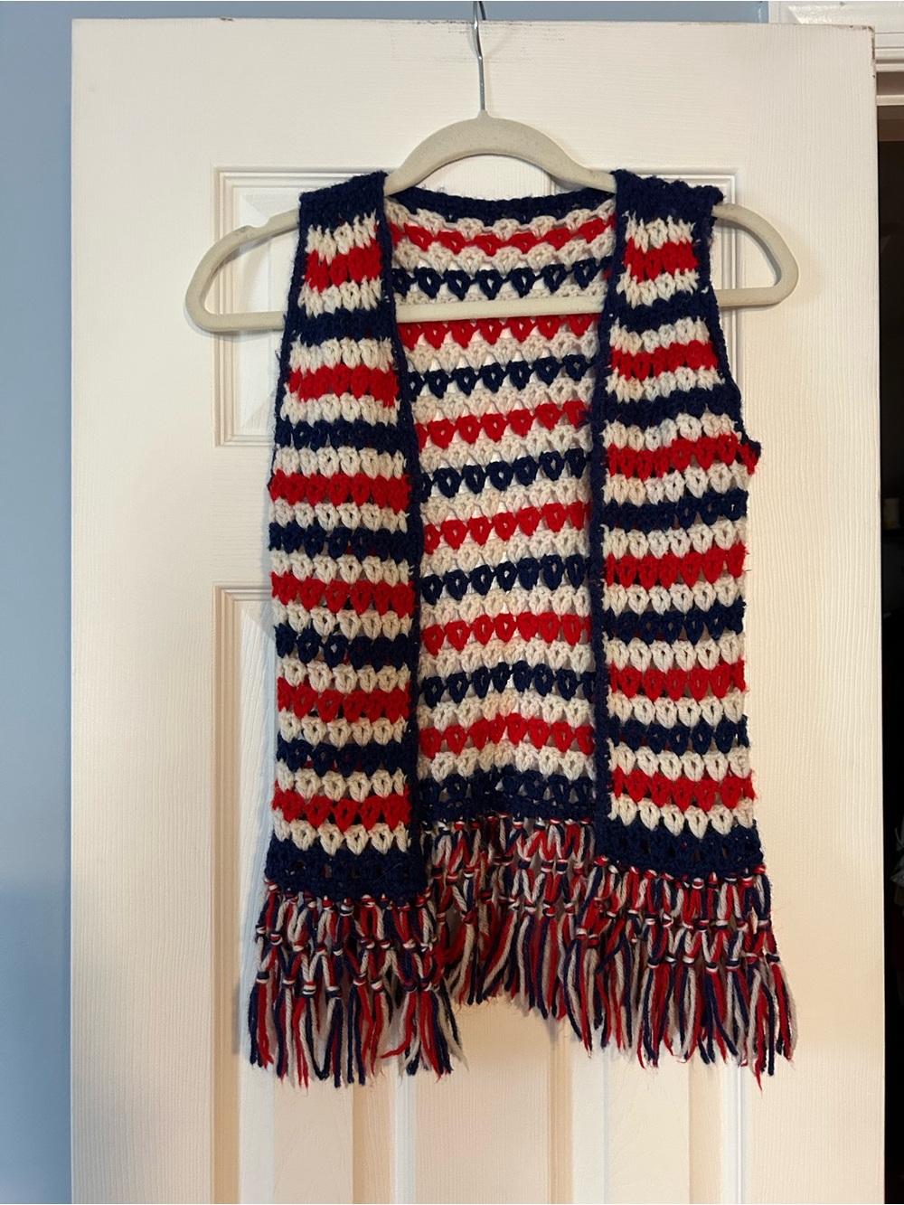 Handmade Crochet Fringe Vest in Navy, Red & Cream